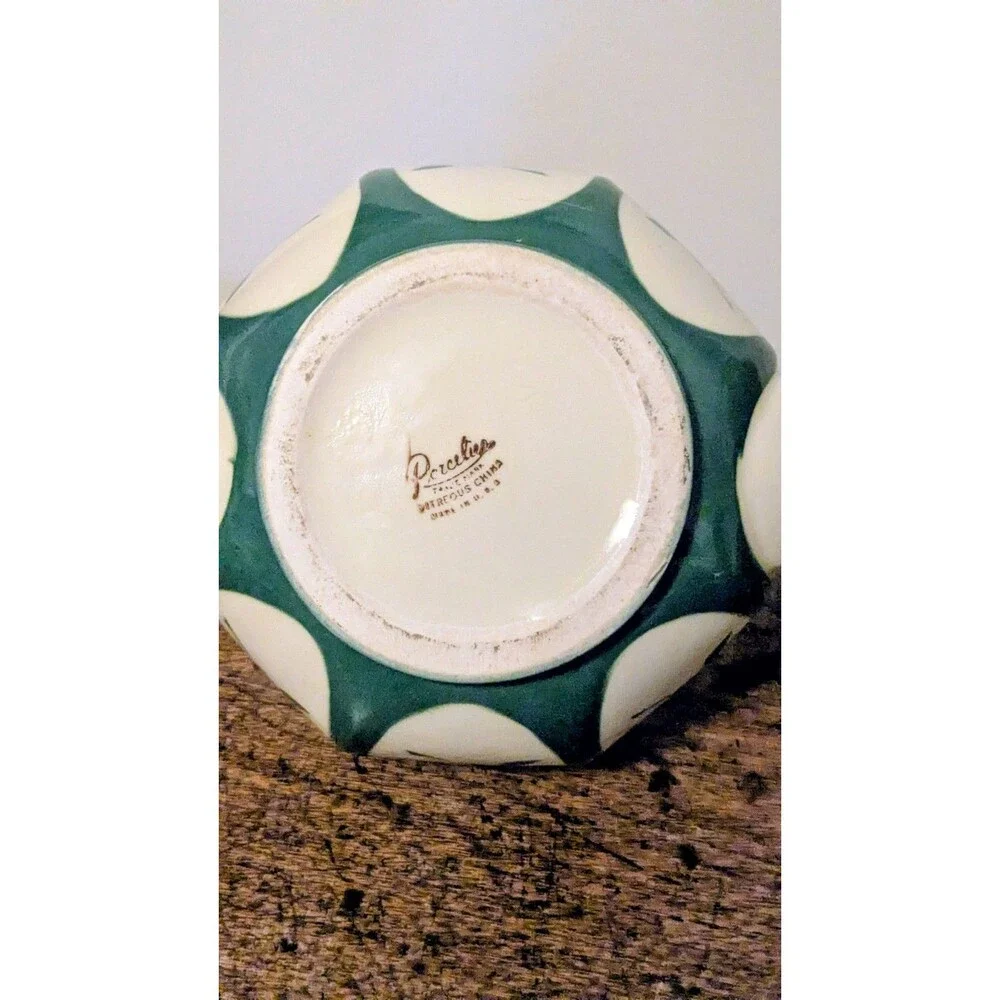 Vintage Porcelier Vitreous China Teapot Green White Geometric Floral  With Lid